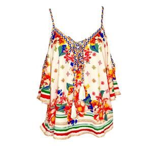 Flying Tomato Red Cream Floral Tie Front Cold Shoulder Blouse